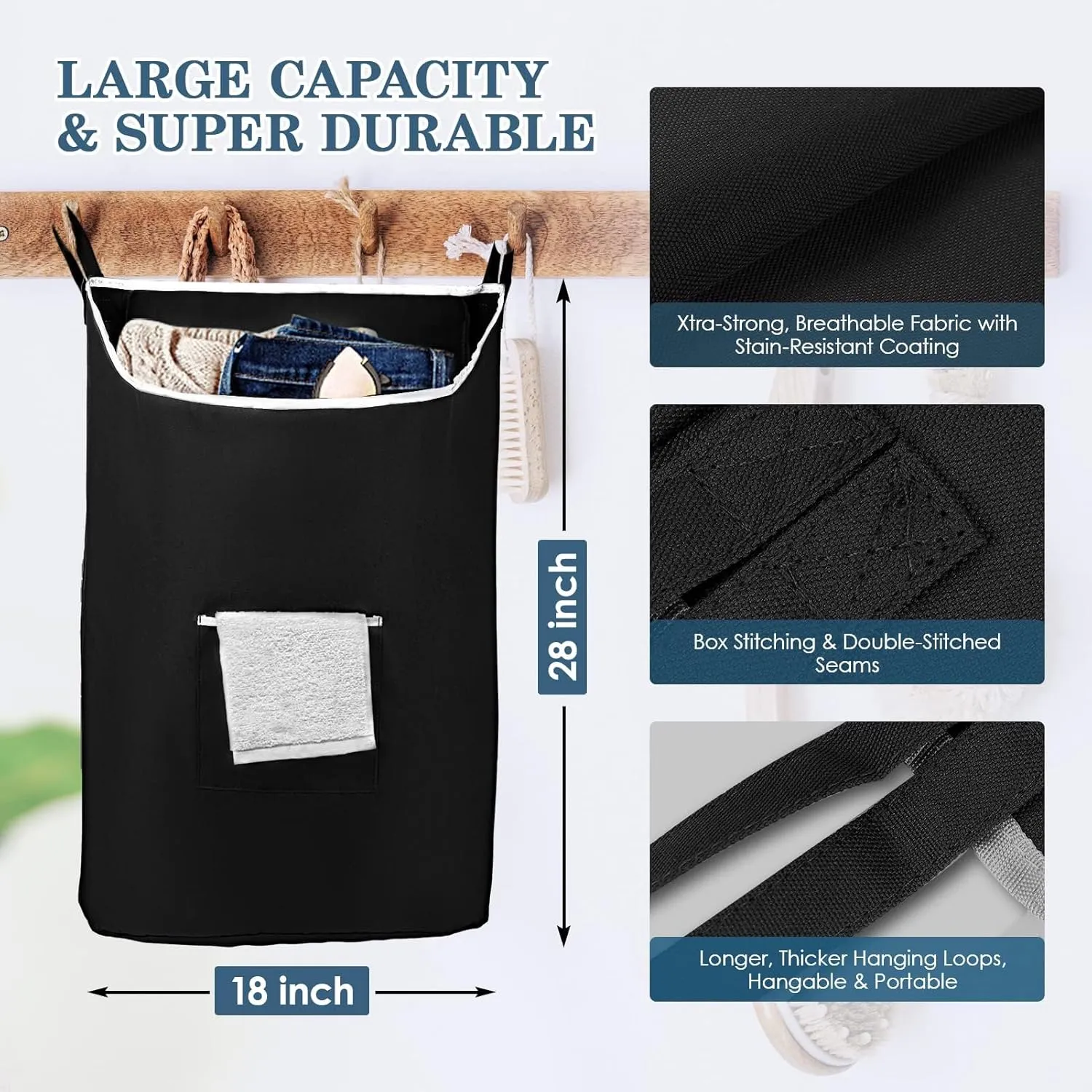 The Fine Living Co. Large Hanging Laundry Hamper with Over Door Hooks & Adhesive, Durable Space Saving Laundry Bag with Zipper and Wide Open Top, Hanging Dorm Laundry Hamper 18"x4.75"x28" (Black-L)