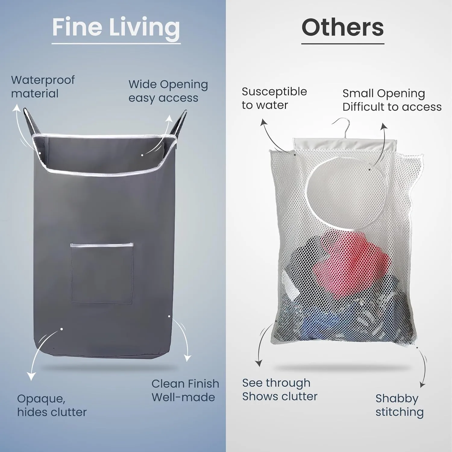 The Fine Living Co. Large Hanging Laundry Hamper with Over Door Hooks & Adhesive, Durable Space Saving Laundry Bag with Zipper and Wide Open Top, Hanging Dorm Laundry Hamper 18"x4.75"x28" (Grey-L)