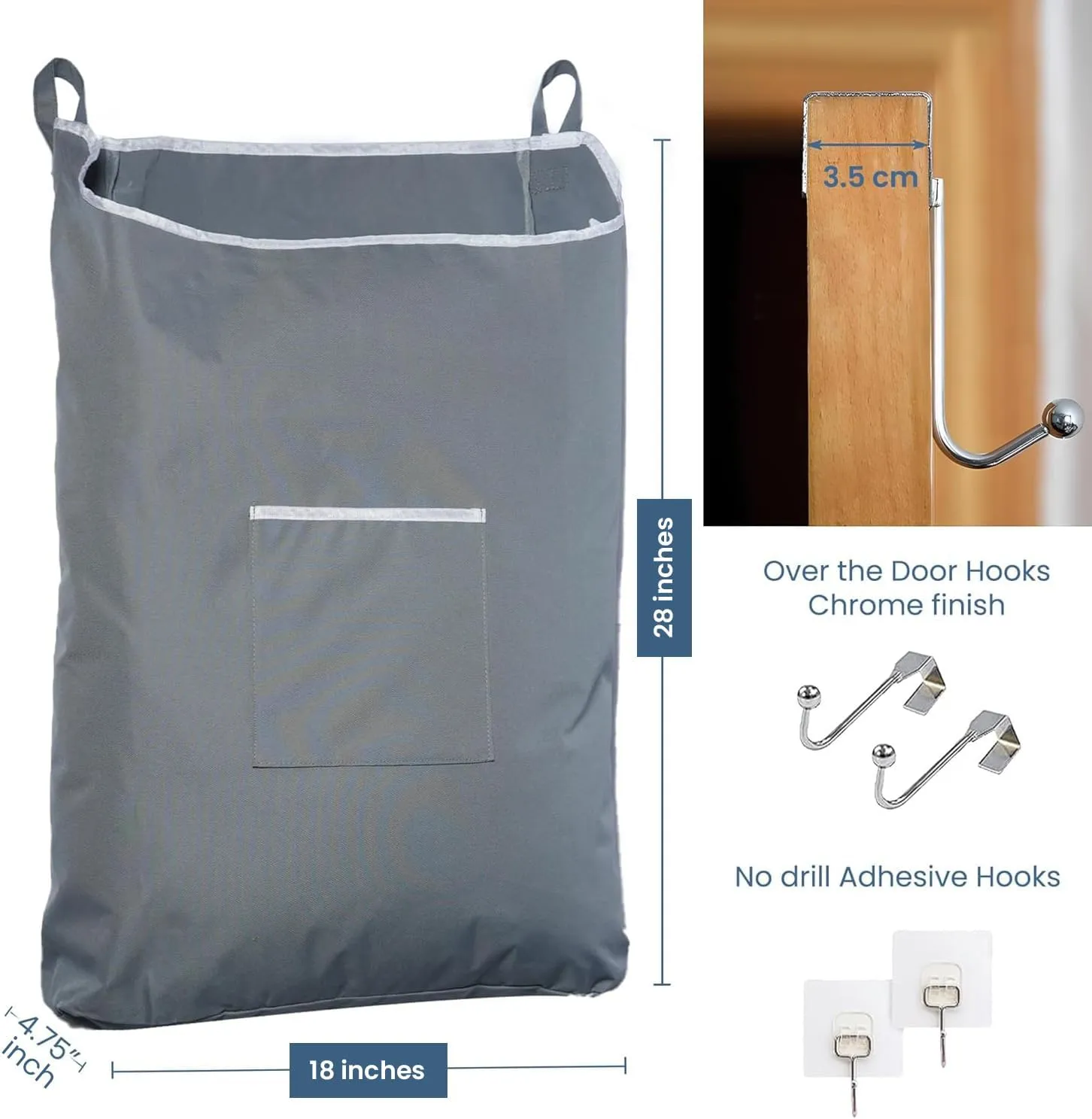The Fine Living Co. Large Hanging Laundry Hamper with Over Door Hooks & Adhesive, Durable Space Saving Laundry Bag with Zipper and Wide Open Top, Hanging Dorm Laundry Hamper 18"x4.75"x28" (Grey-L)