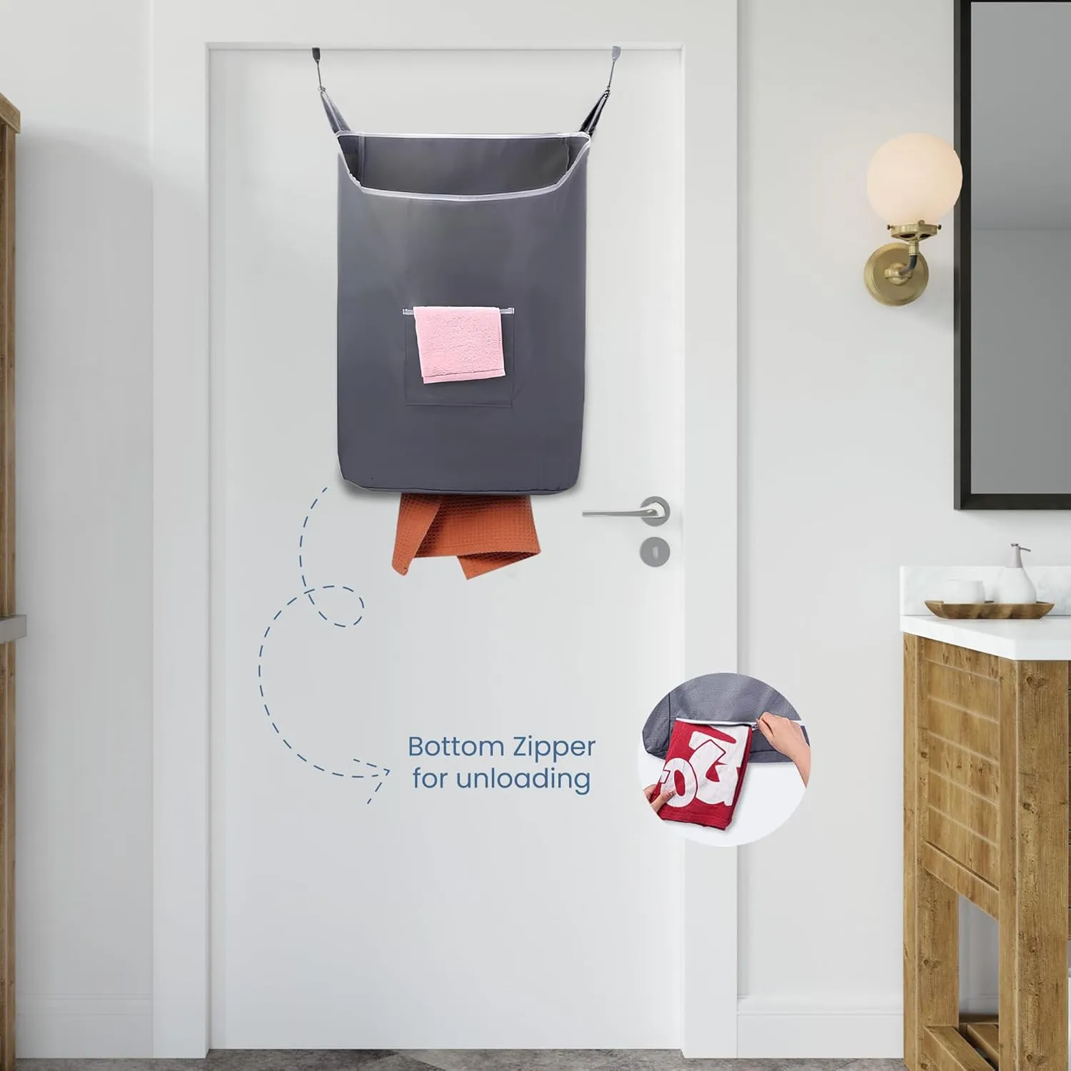 The Fine Living Co. Large Hanging Laundry Hamper with Over Door Hooks & Adhesive, Durable Space Saving Laundry Bag with Zipper and Wide Open Top, Hanging Dorm Laundry Hamper 18"x4.75"x28" (Grey-L)