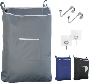 The Fine Living Co. Large Hanging Laundry Hamper with Over Door Hooks & Adhesive, Durable Space Saving Laundry Bag with Zipper and Wide Open Top, Hanging Dorm Laundry Hamper 18"x4.75"x28" (Grey-L)