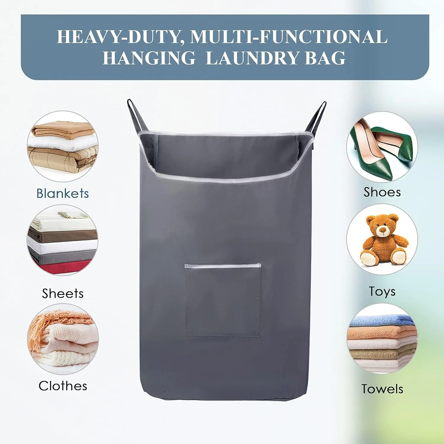 The Fine Living Co. X-Large Hanging Laundry Hamper with Over Door Hooks & Adhesive, Durable Space Saving Laundry Bag with Zipper and Wide Open Top,Hanging Dorm Laundry Hamper 20"x3.75"x31" (Gray-XL)