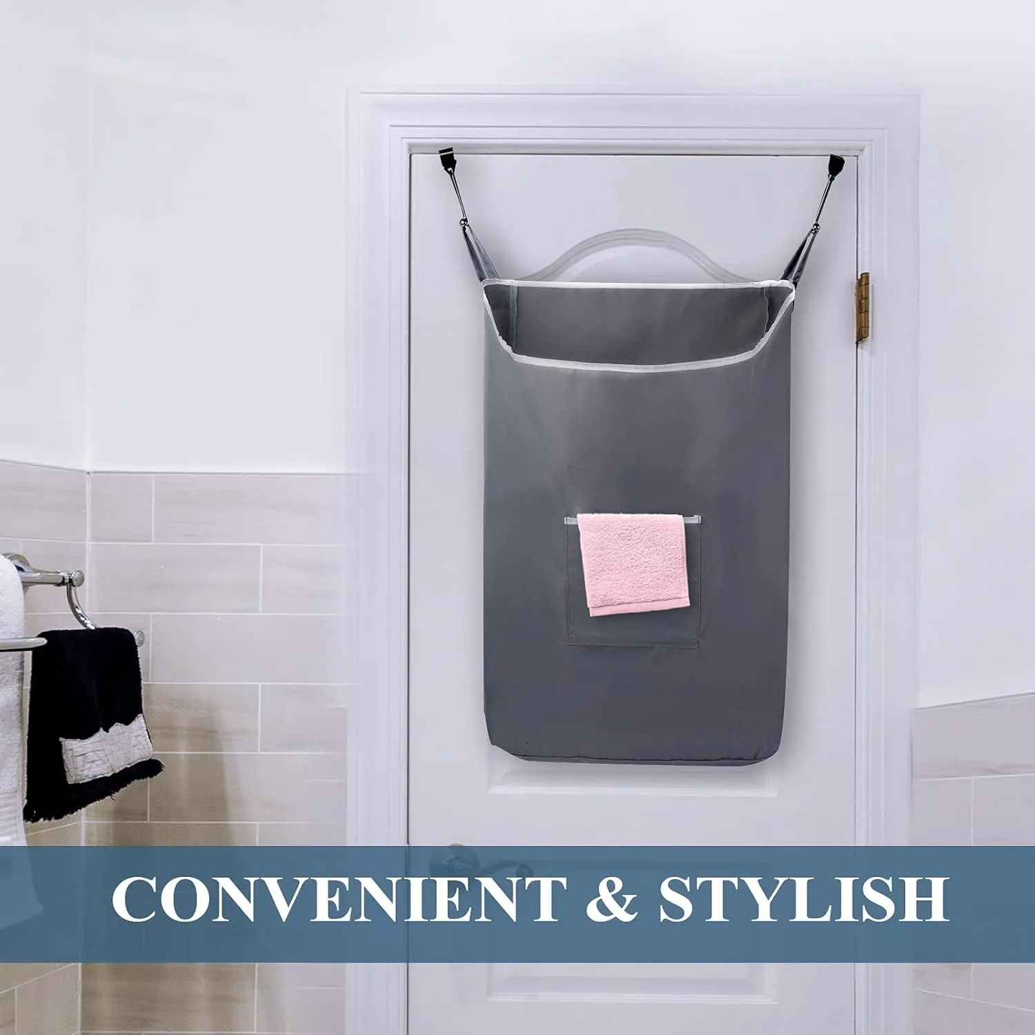 The Fine Living Co. X-Large Hanging Laundry Hamper with Over Door Hooks & Adhesive, Durable Space Saving Laundry Bag with Zipper and Wide Open Top,Hanging Dorm Laundry Hamper 20"x3.75"x31" (Gray-XL)