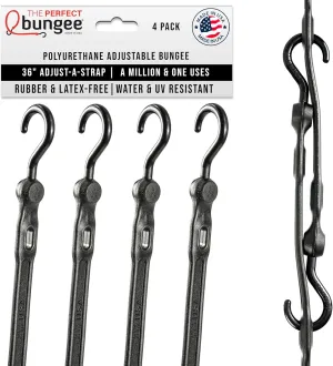 The Perfect Bungee 36" Adjust-A-Strap, Adjustable Heavy Duty Polyurethane Bungee Strap, Heavy Duty Nylon Hooks, Made in the USA, 4 Pack, Black