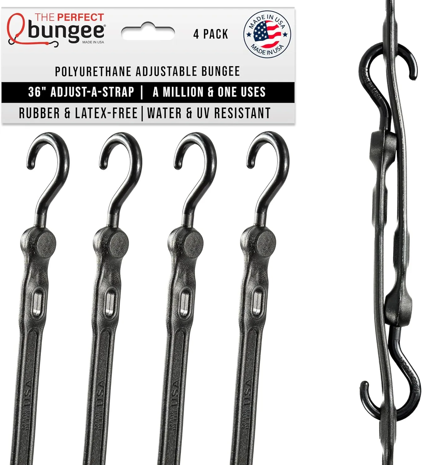 The Perfect Bungee 36" Adjust-A-Strap, Adjustable Heavy Duty Polyurethane Bungee Strap, Heavy Duty Nylon Hooks, Made in the USA, 4 Pack, Black