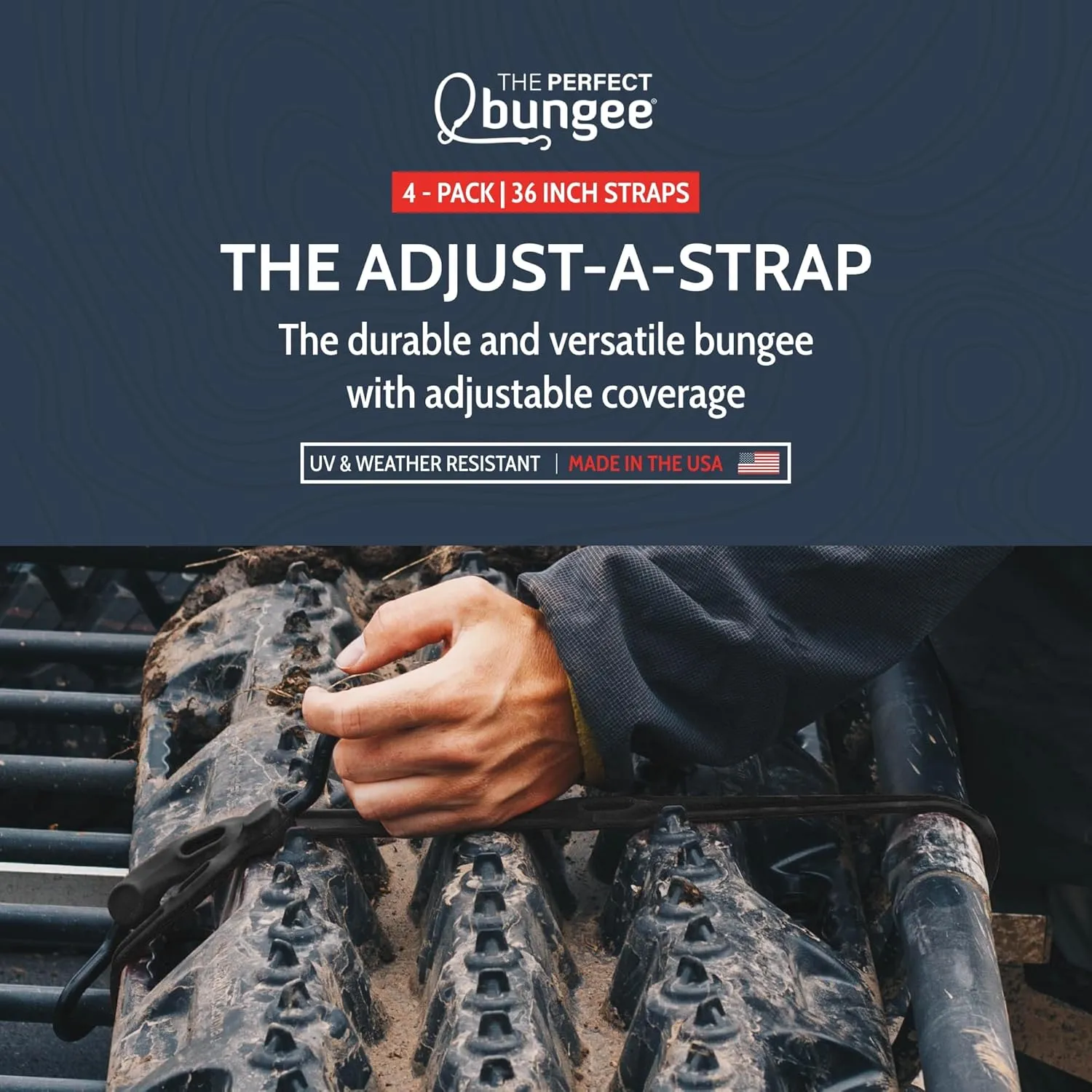 The Perfect Bungee 36" Adjust-A-Strap, Adjustable Heavy Duty Polyurethane Bungee Strap, Heavy Duty Nylon Hooks, Made in the USA, 4 Pack, Black