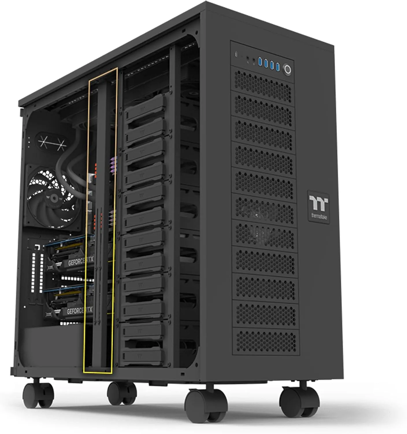 Thermaltake AX700 TG Super Tower; SSI-CEB/SSI-EEB/XL-ATX/E-ATX; 560mm Radiator Support; 360mm-630mm GPU Clearance; Support for up to 18x 3.5 or 2.5"; Supports 2X 5.25; CA-11B-00F1WN-00