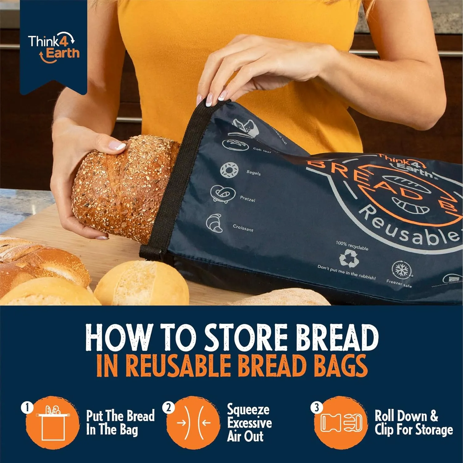Think4Earth® - (2 Pack) Bread Bag - Reusable Freezer Bag for Homemade Sourdough Maker Gift Giving - Container for Sourdough Loafs Storage, Large Bags for Homemade Bread with Lining