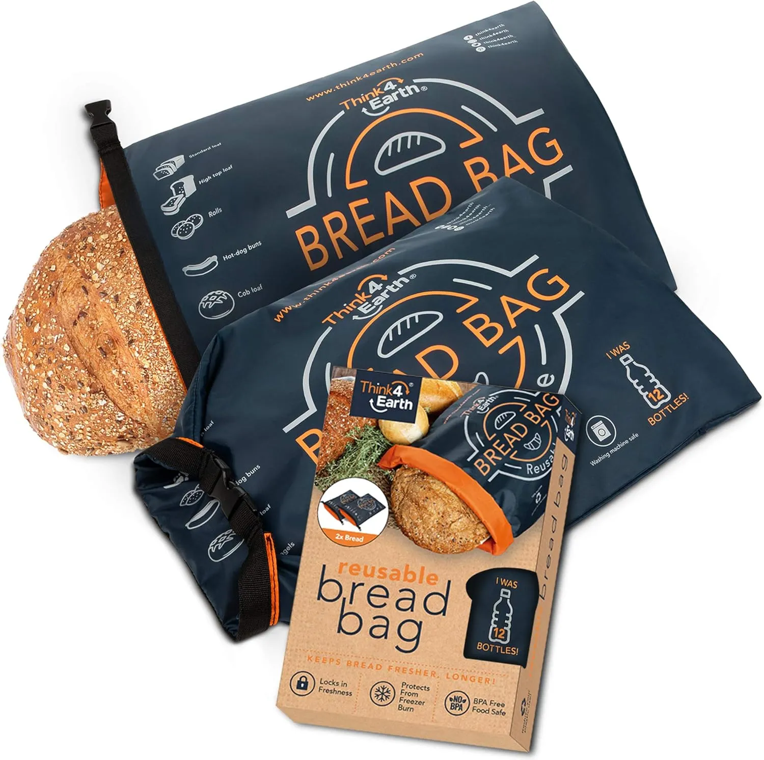 Think4Earth® - (2 Pack) Bread Bag - Reusable Freezer Bag for Homemade Sourdough Maker Gift Giving - Container for Sourdough Loafs Storage, Large Bags for Homemade Bread with Lining