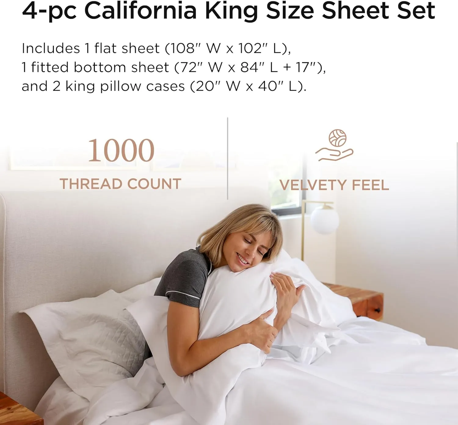 Threadmill Supima Luxury Cotton Sheets - California King, 1000 Thread Count Sateen Weave, 4 Pc Set, Deep Pocket, Hotel White