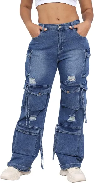 ThusFar Women's High Waist Baggy Jeans Flap Pocket Cargo Pants Loose Denim Pants Streetwear