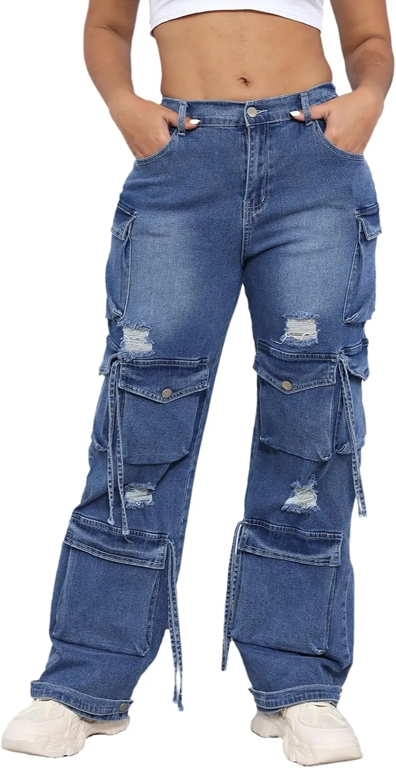 ThusFar Women's High Waist Baggy Jeans Flap Pocket Cargo Pants Loose Denim Pants Streetwear