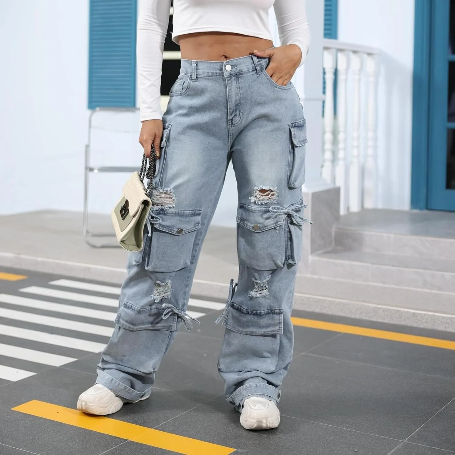 ThusFar Women's High Waist Baggy Jeans Flap Pocket Cargo Pants Loose Denim Pants Streetwear