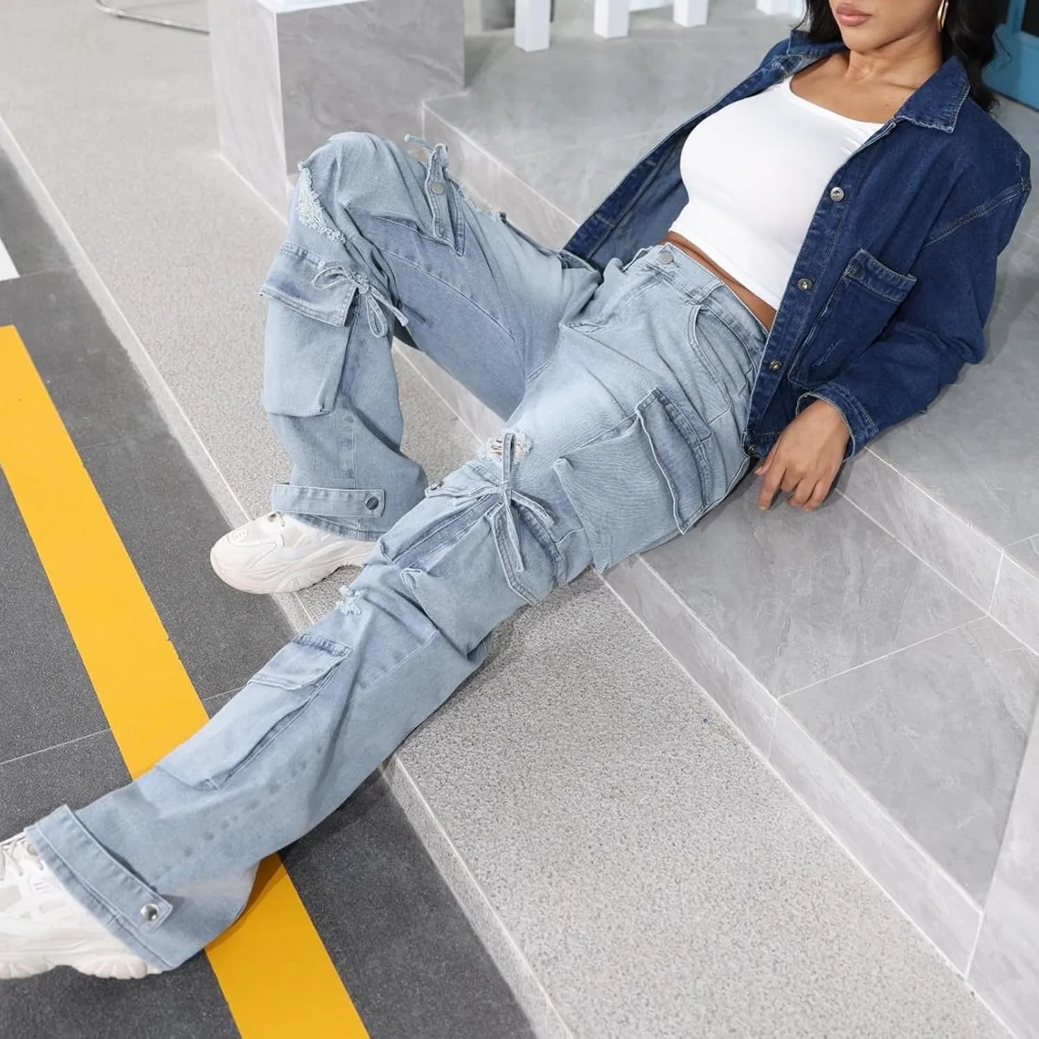 ThusFar Women's High Waist Baggy Jeans Flap Pocket Cargo Pants Loose Denim Pants Streetwear