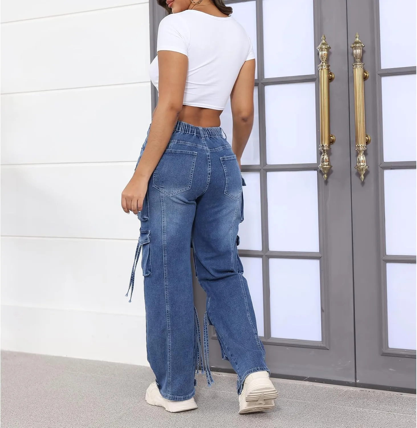 ThusFar Women's High Waist Baggy Jeans Flap Pocket Cargo Pants Loose Denim Pants Streetwear