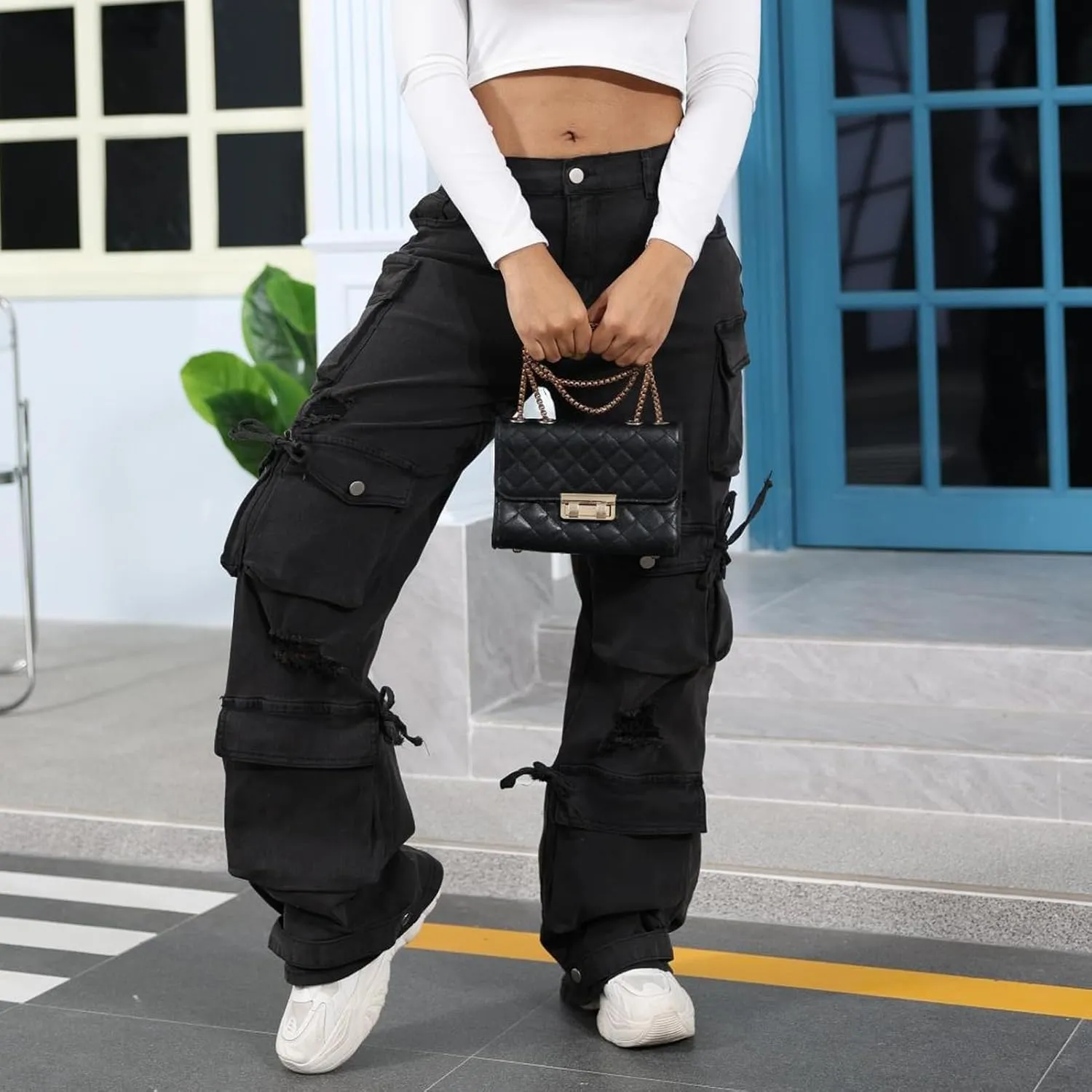 ThusFar Women's High Waist Baggy Jeans Flap Pocket Cargo Pants Loose Denim Pants Streetwear