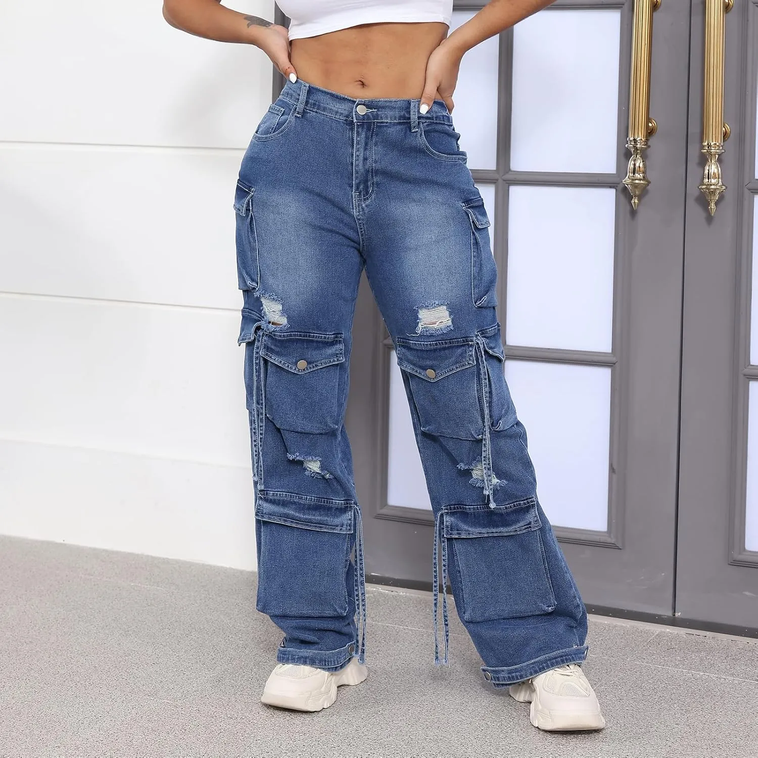 ThusFar Women's High Waist Baggy Jeans Flap Pocket Cargo Pants Loose Denim Pants Streetwear