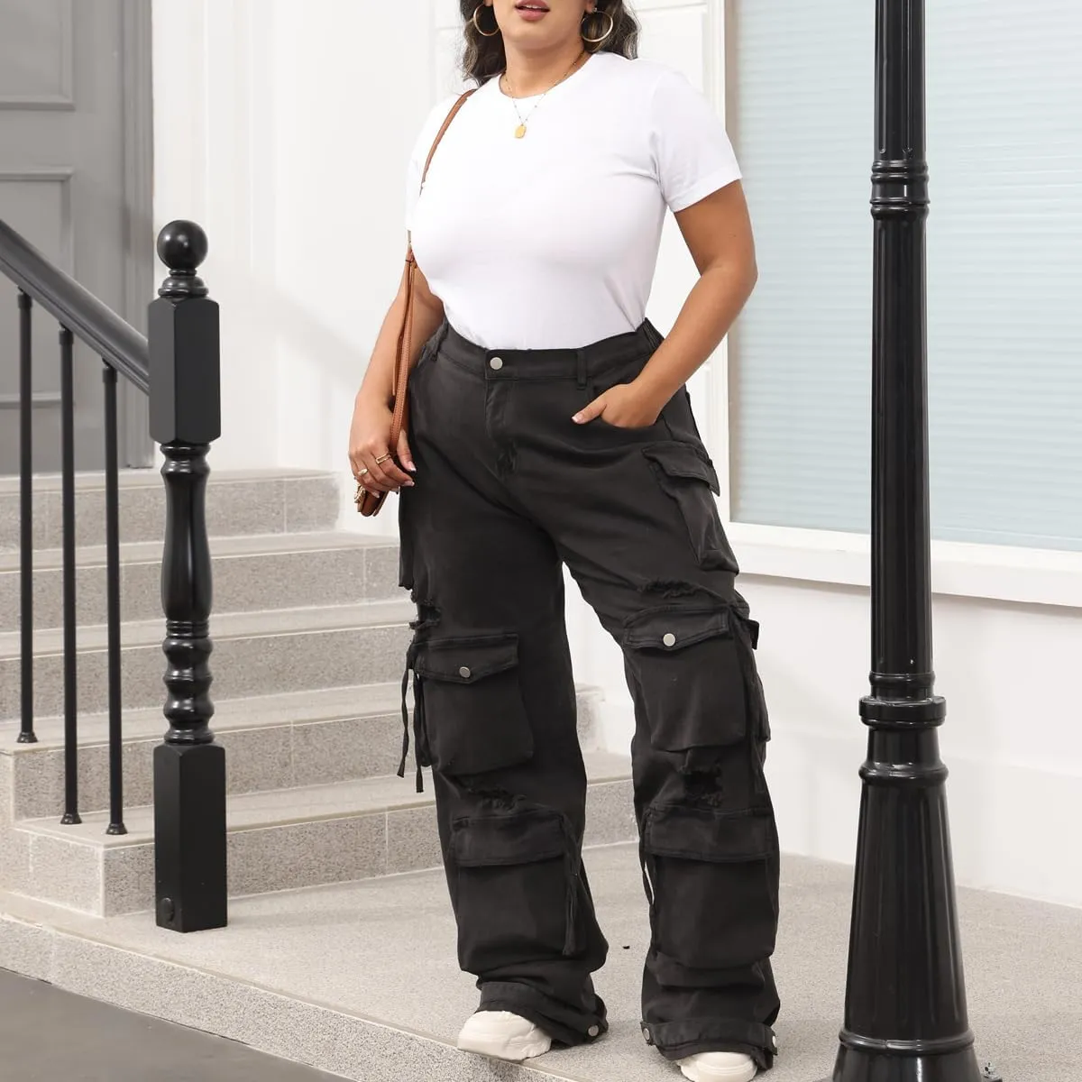 ThusFar Women's High Waist Baggy Jeans Flap Pocket Cargo Pants Loose Denim Pants Streetwear