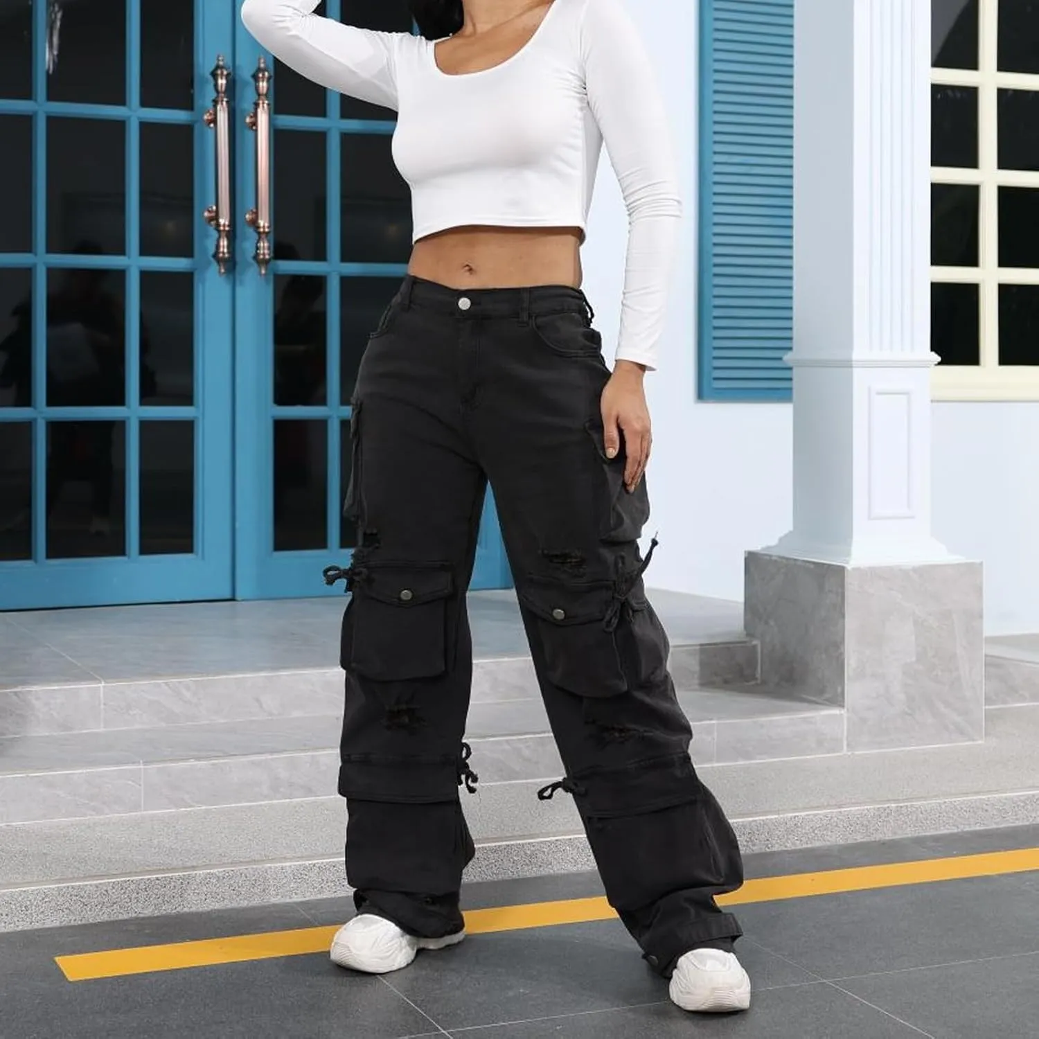 ThusFar Women's High Waist Baggy Jeans Flap Pocket Cargo Pants Loose Denim Pants Streetwear