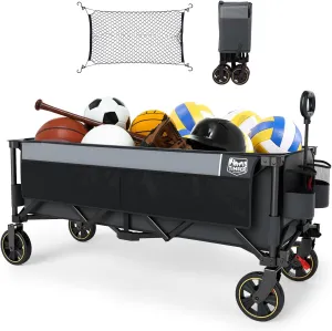 TIMBER RIDGE 51.2'' Extended Collapsible Wagon Cart with Brakes and Cargo Net, 350LBS Heavy Duty Foldable Utility Wagon with Adjustable Handle, 400L Capacity Portable Cart for Camping Sports Shopping