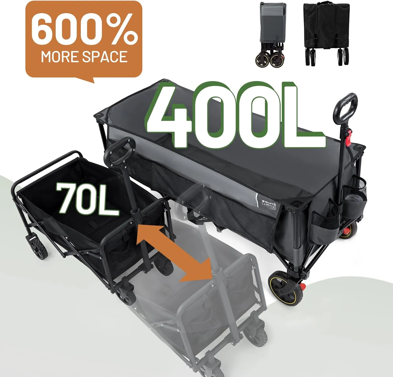 TIMBER RIDGE 51.2'' Extended Collapsible Wagon Cart with Brakes and Cargo Net, 350LBS Heavy Duty Foldable Utility Wagon with Adjustable Handle, 400L Capacity Portable Cart for Camping Sports Shopping