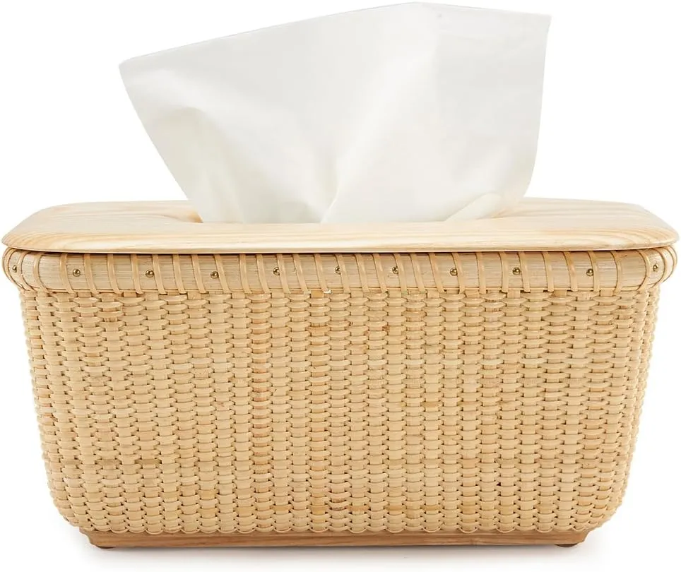 Tissue Box Cover Holder Rattan Tissue Box, Box Covers Rectangular, Perfect Combination of Rattan and Wood，Decorative Organizer for Tabletop, Bathroom, Car, Office | Natural