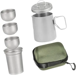 Titanium Tea Set with Teacups Portable with Storage Bag Tableware Cup Travel Teapot for Fishing Outdoor Home Office, with Handle