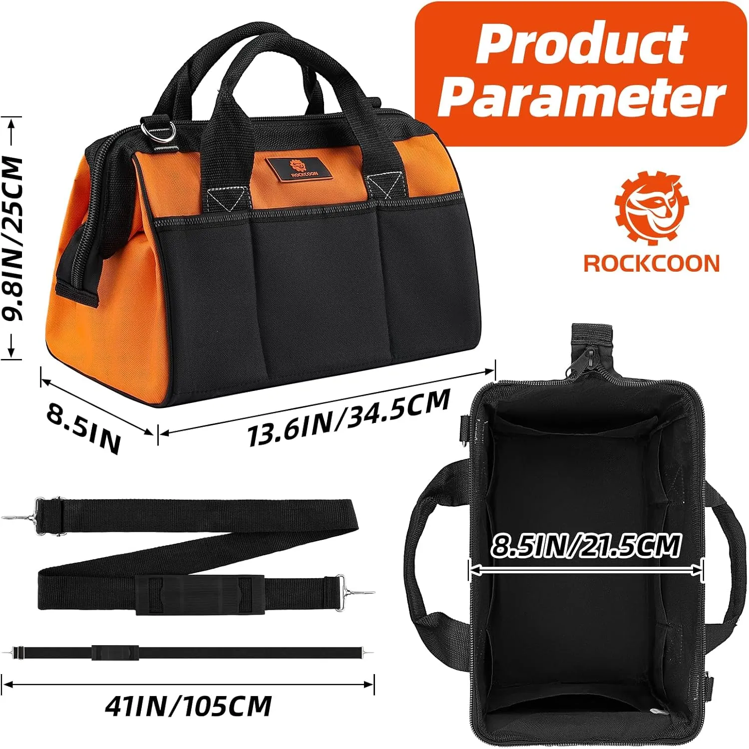 Tool Bag 14'', Thick Outer Pocket Tool Organizer Waterproof, Heavy Duty Tote with Shoulder Strap for Tool Storage, Black & Orange
