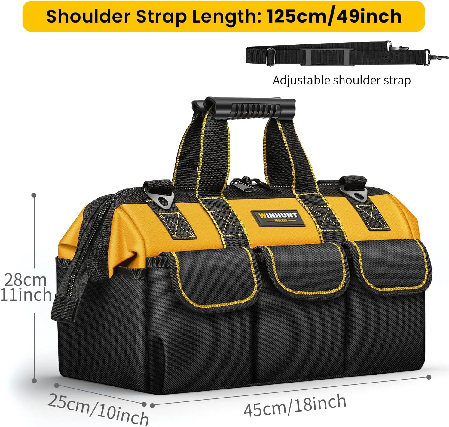 Tool Bag, 18-inch Wide Mouth Tool Organisers, 600 Denier Large Tool Bag for Home DIY & Equipment Storage, Yellow and Black (18 inch)