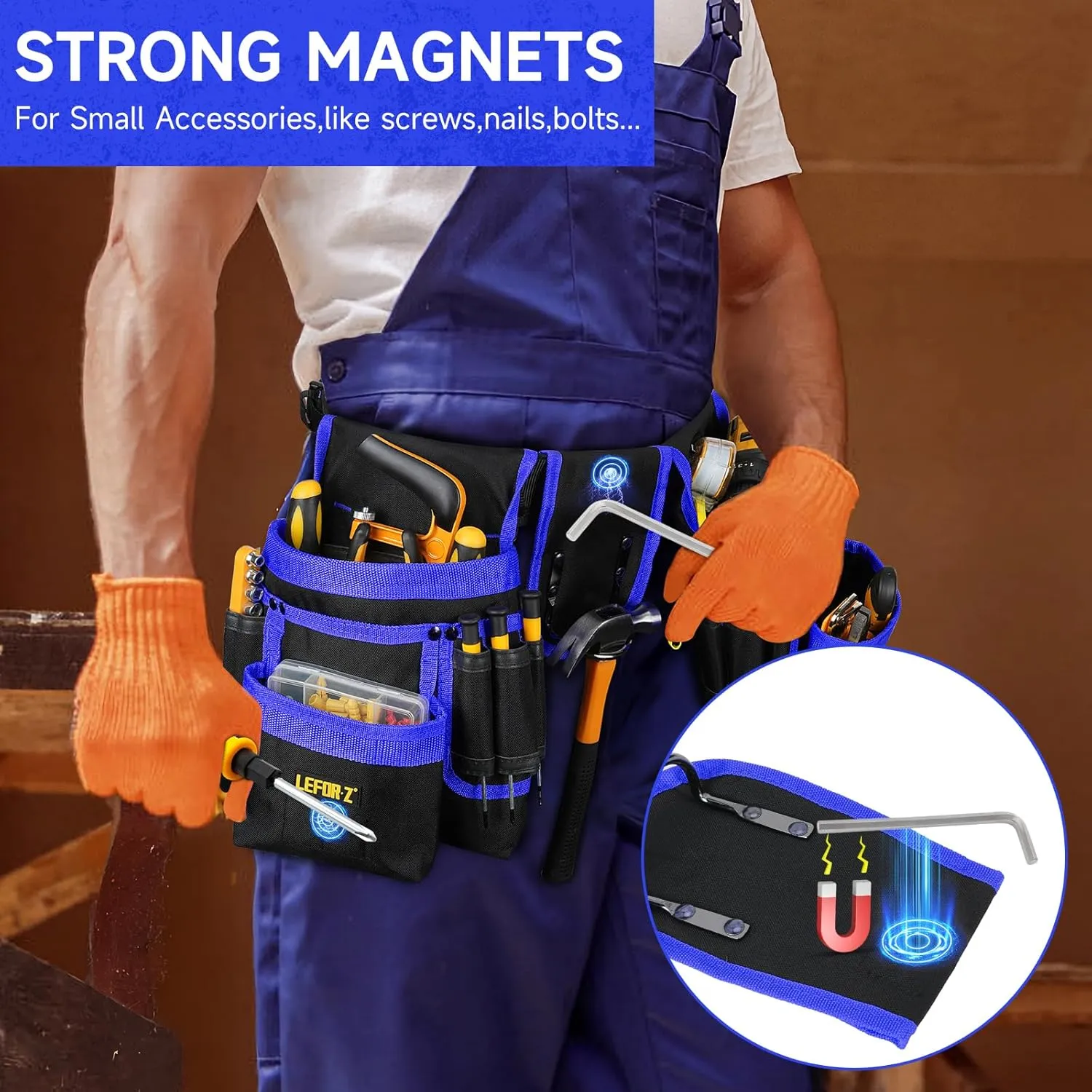 Tool Belt,Magnetic Tool Pouch,27-Pockets Heavy Duty Padded Tool Belts for Men,Detachable & Adjustable Tool Pouch Bag for Electrician,Carpenter,Construction,Work Apron,Utility Belt,Black,Blue