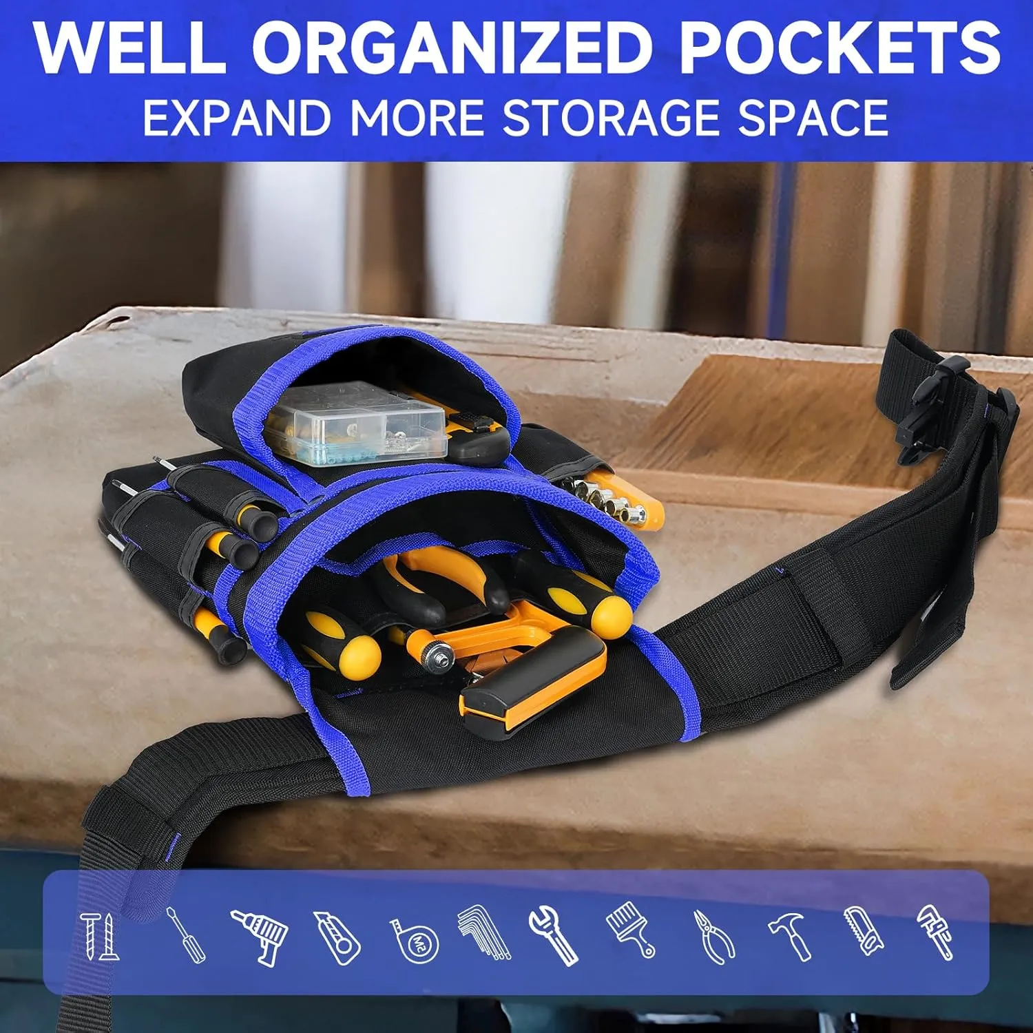 Tool Belt,Magnetic Tool Pouch,27-Pockets Heavy Duty Padded Tool Belts for Men,Detachable & Adjustable Tool Pouch Bag for Electrician,Carpenter,Construction,Work Apron,Utility Belt,Black,Blue