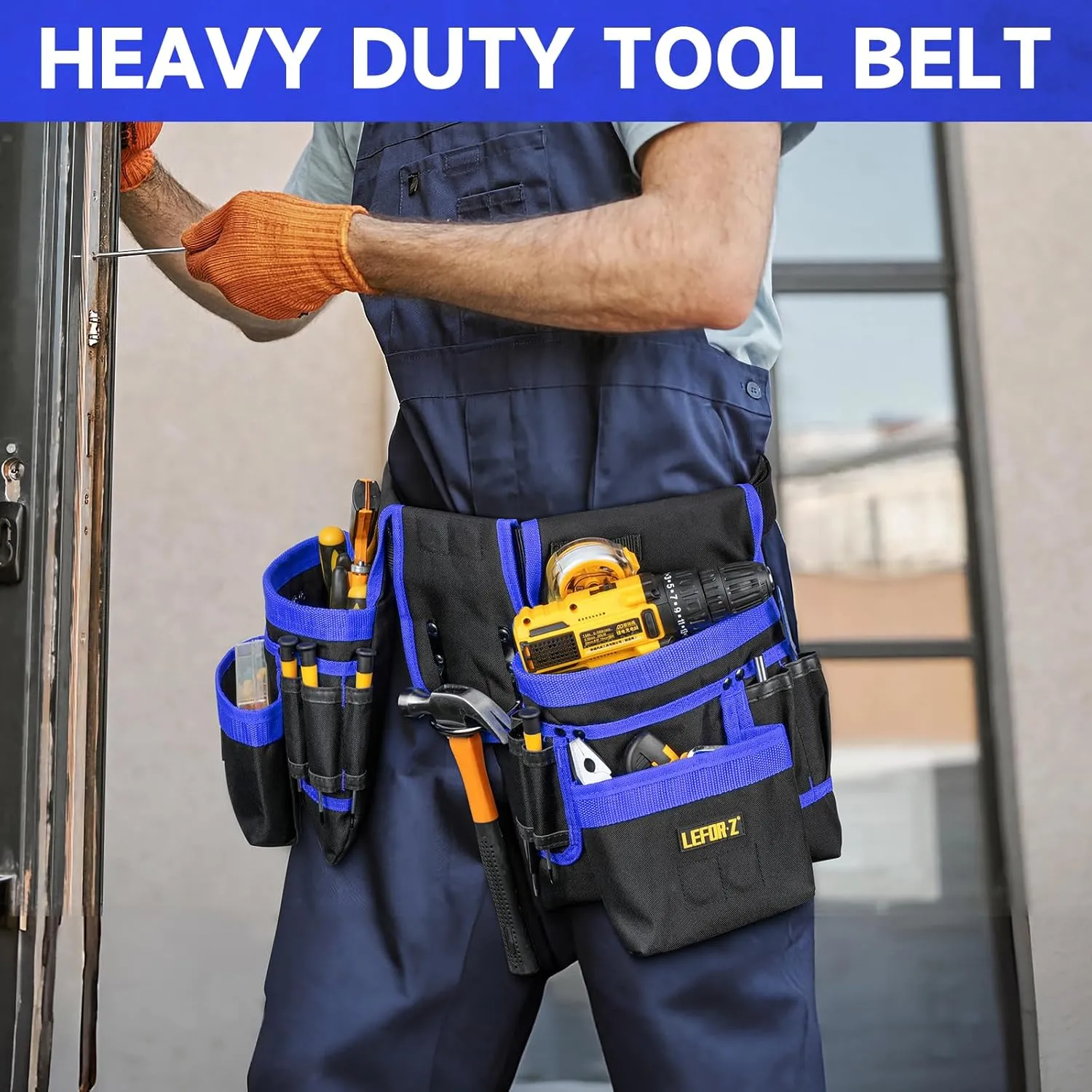 Tool Belt,Magnetic Tool Pouch,27-Pockets Heavy Duty Padded Tool Belts for Men,Detachable & Adjustable Tool Pouch Bag for Electrician,Carpenter,Construction,Work Apron,Utility Belt,Black,Blue