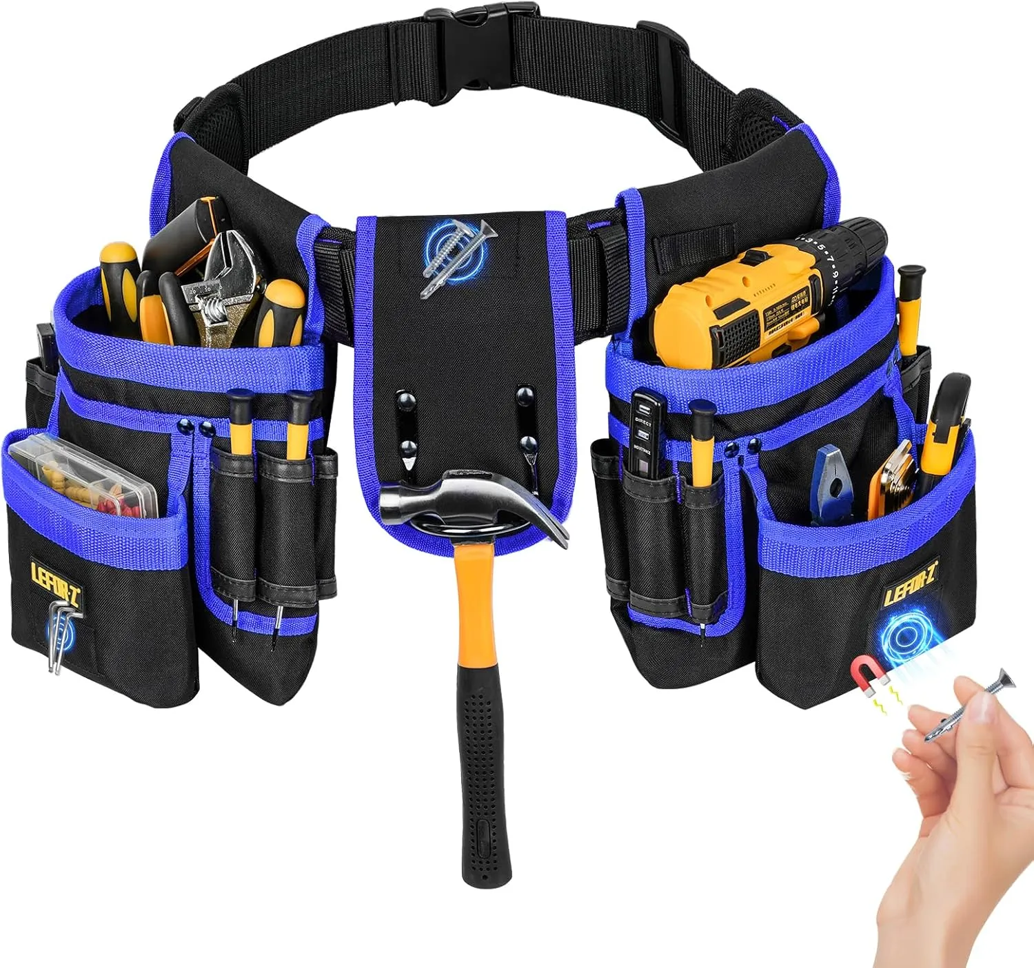 Tool Belt,Magnetic Tool Pouch,27-Pockets Heavy Duty Padded Tool Belts for Men,Detachable & Adjustable Tool Pouch Bag for Electrician,Carpenter,Construction,Work Apron,Utility Belt,Black,Blue