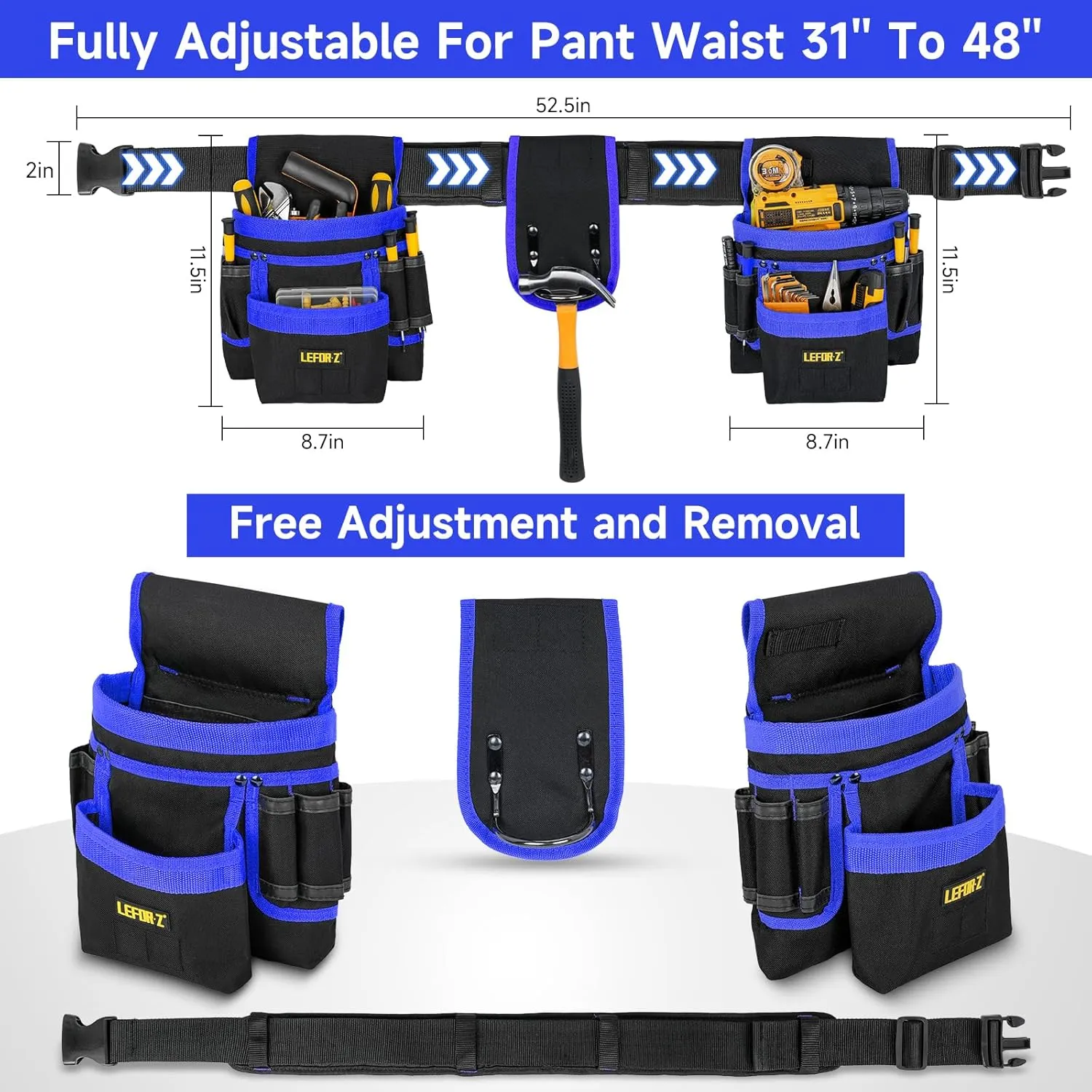 Tool Belt,Magnetic Tool Pouch,27-Pockets Heavy Duty Padded Tool Belts for Men,Detachable & Adjustable Tool Pouch Bag for Electrician,Carpenter,Construction,Work Apron,Utility Belt,Black,Blue