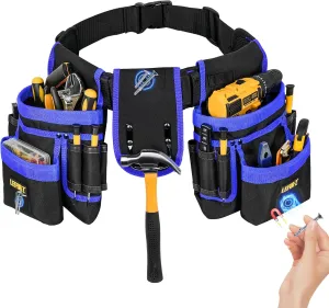 Tool Belt,Magnetic Tool Pouch,27-Pockets Heavy Duty Padded Tool Belts for Men,Detachable & Adjustable Tool Pouch Bag for Electrician,Carpenter,Construction,Work Apron,Utility Belt,Black,Blue
