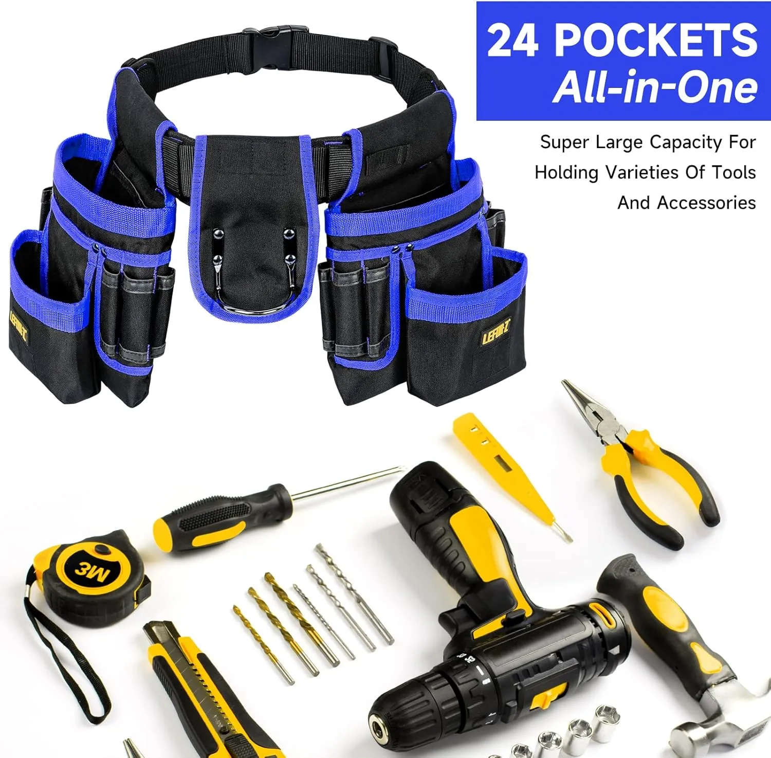 Tool Belt,Magnetic Tool Pouch,27-Pockets Heavy Duty Padded Tool Belts for Men,Detachable & Adjustable Tool Pouch Bag for Electrician,Carpenter,Construction,Work Apron,Utility Belt,Black,Blue