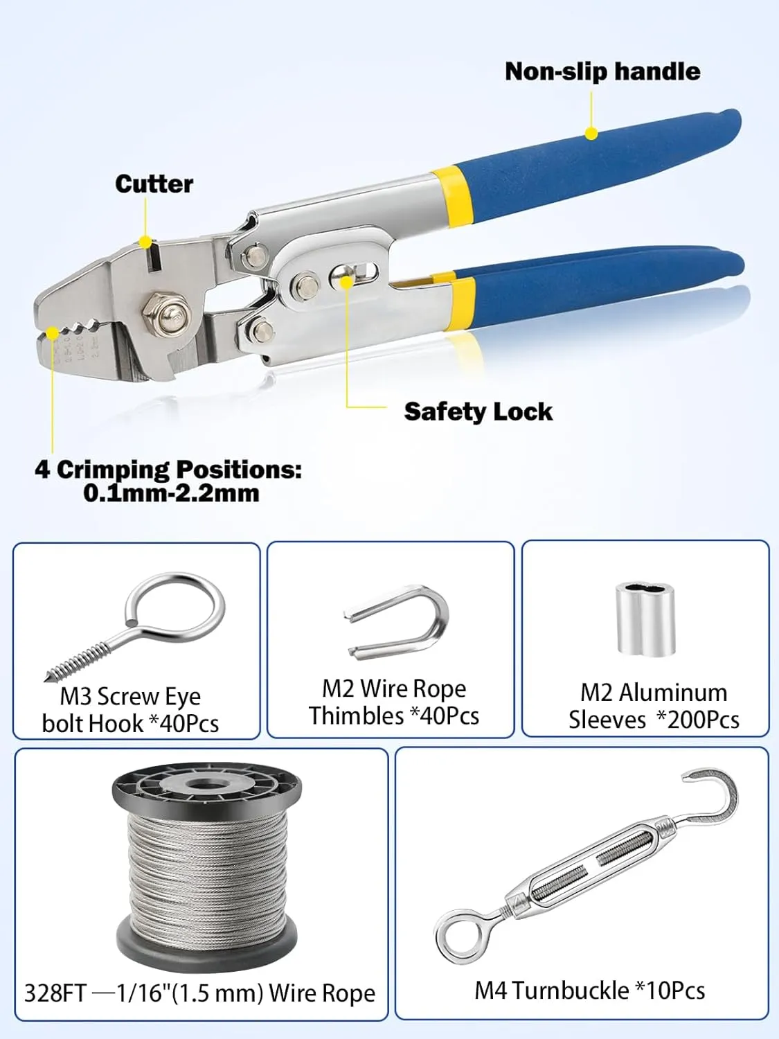 TooTaci 328ft 1/16 Stainless Steel Cable Kit, 7×7 Strands Steel Wire Rope with Crimping Tool, 200pcs Crimping Sleeves, M4 Turnbuckles for Cables Wire, String Lights Hanging, Climbing Plants