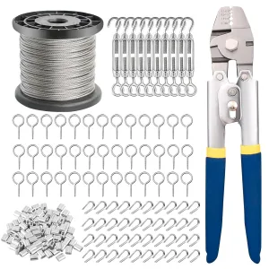 TooTaci 328ft 1/16 Stainless Steel Cable Kit, 7×7 Strands Steel Wire Rope with Crimping Tool, 200pcs Crimping Sleeves, M4 Turnbuckles for Cables Wire, String Lights Hanging, Climbing Plants