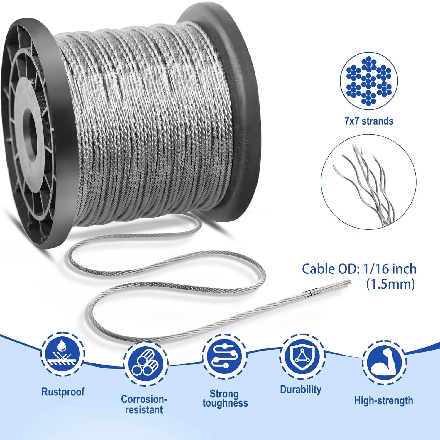 TooTaci 328ft 1/16 Stainless Steel Cable Kit, 7×7 Strands Steel Wire Rope with Crimping Tool, 200pcs Crimping Sleeves, M4 Turnbuckles for Cables Wire, String Lights Hanging, Climbing Plants