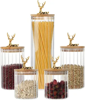 Topsky Glass Storage Jars Set of 5,Coffee Bar Storage Jar with Airtight Bamboo Lid,Pantry Storage Container Sets for Kitchen Countertop,Dining Room,Clear Food Storage Containers