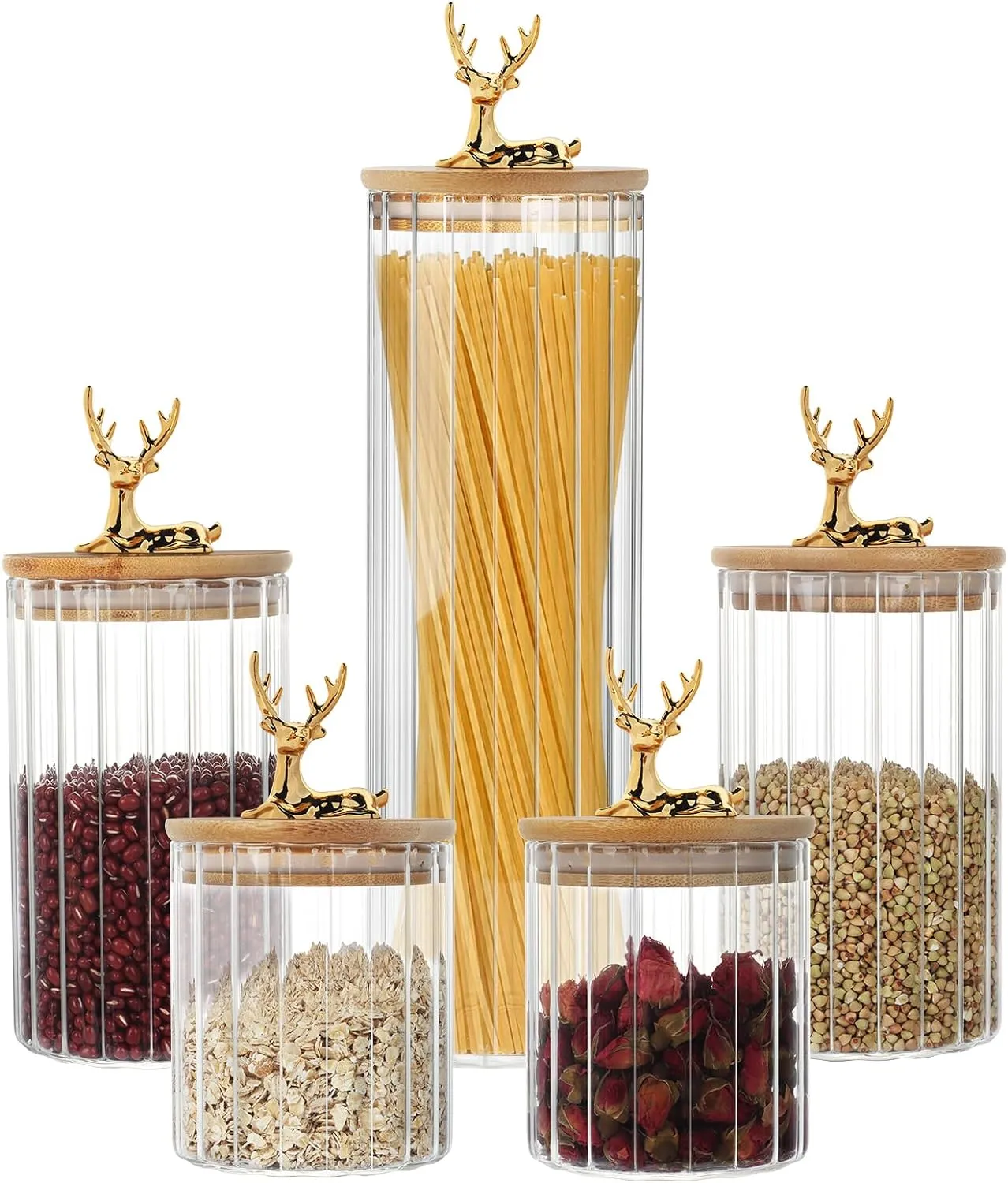 Topsky Glass Storage Jars Set of 5,Coffee Bar Storage Jar with Airtight Bamboo Lid,Pantry Storage Container Sets for Kitchen Countertop,Dining Room,Clear Food Storage Containers