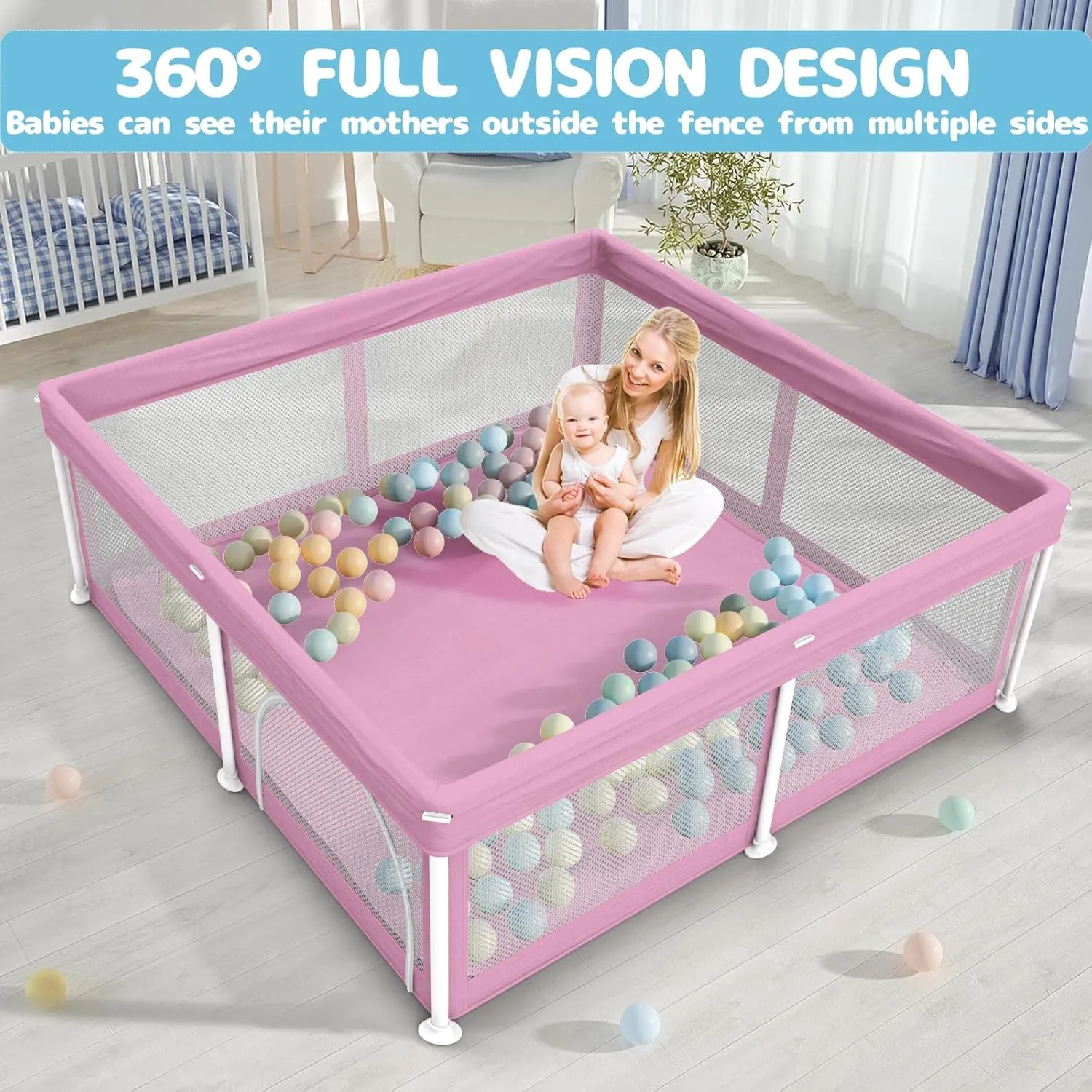 TOREVSIOR Foldable Baby Playpen with Mat, 50"×50" Collapsible Playpen for Babies and Toddlers, Indoor & Outdoor Kids Safety Play Pen, Portable Play Yard, Foldable Baby Play Pen with 50 Ocean Balls