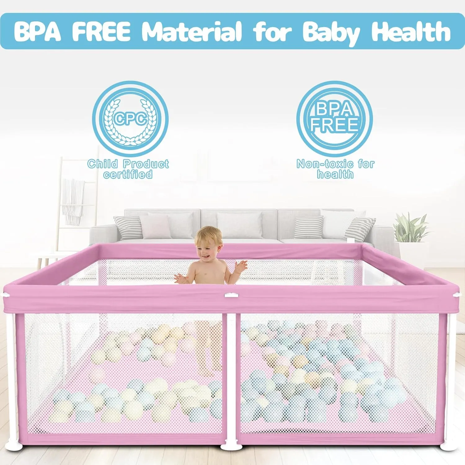 TOREVSIOR Foldable Baby Playpen with Mat, 50"×50" Collapsible Playpen for Babies and Toddlers, Indoor & Outdoor Kids Safety Play Pen, Portable Play Yard, Foldable Baby Play Pen with 50 Ocean Balls