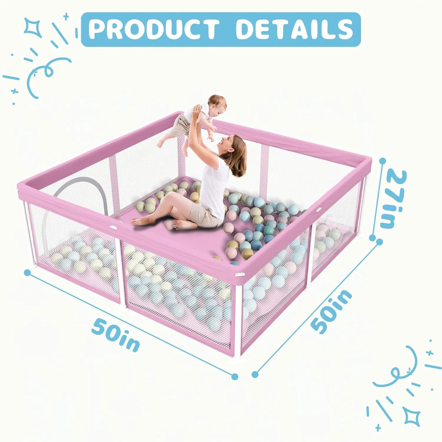 TOREVSIOR Foldable Baby Playpen with Mat, 50"×50" Collapsible Playpen for Babies and Toddlers, Indoor & Outdoor Kids Safety Play Pen, Portable Play Yard, Foldable Baby Play Pen with 50 Ocean Balls