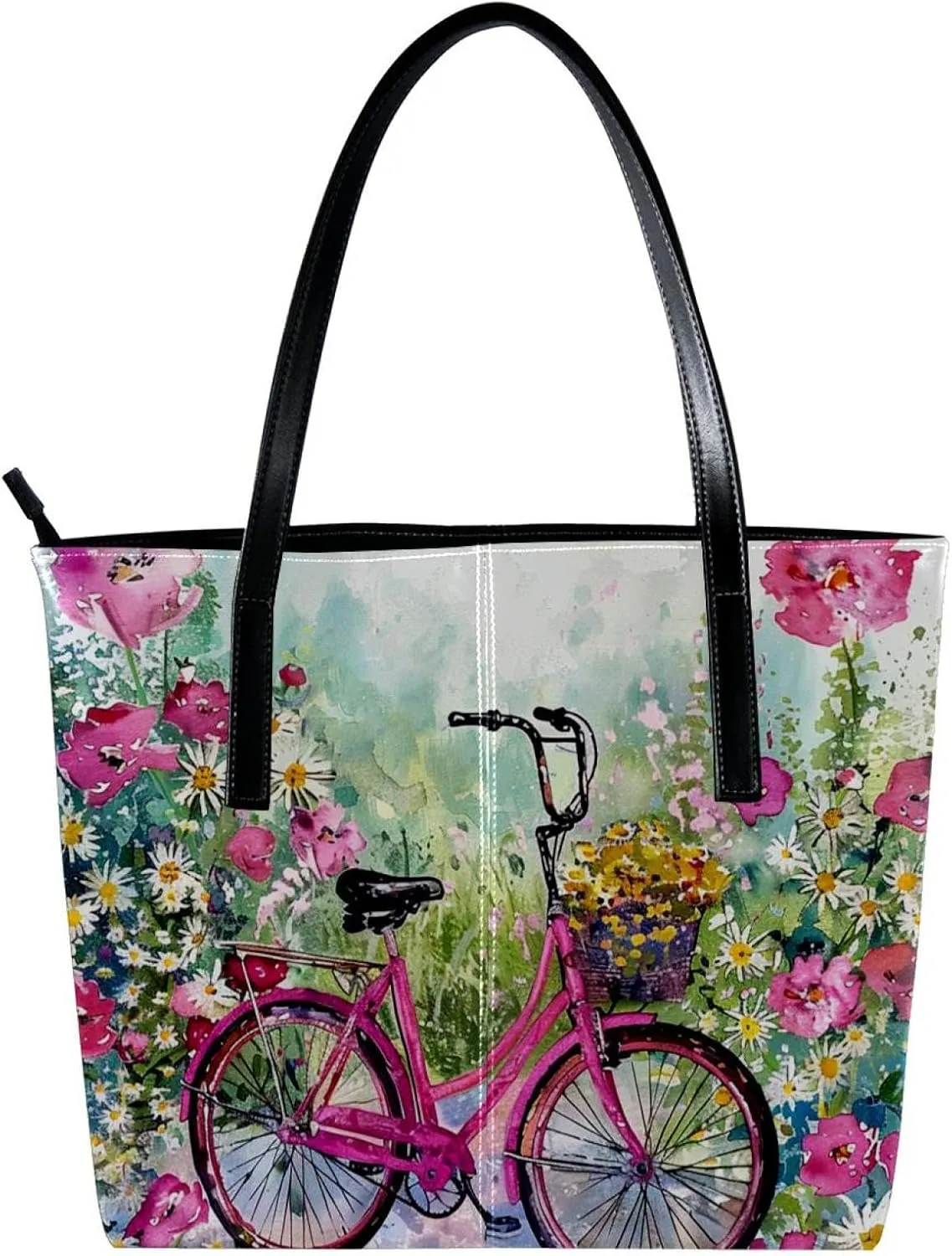 Tote Bag for Women, Large Tote Bag, Women's Tote Handbags, Hello Summer Pink Bike Flowers, Tote Bags for Women