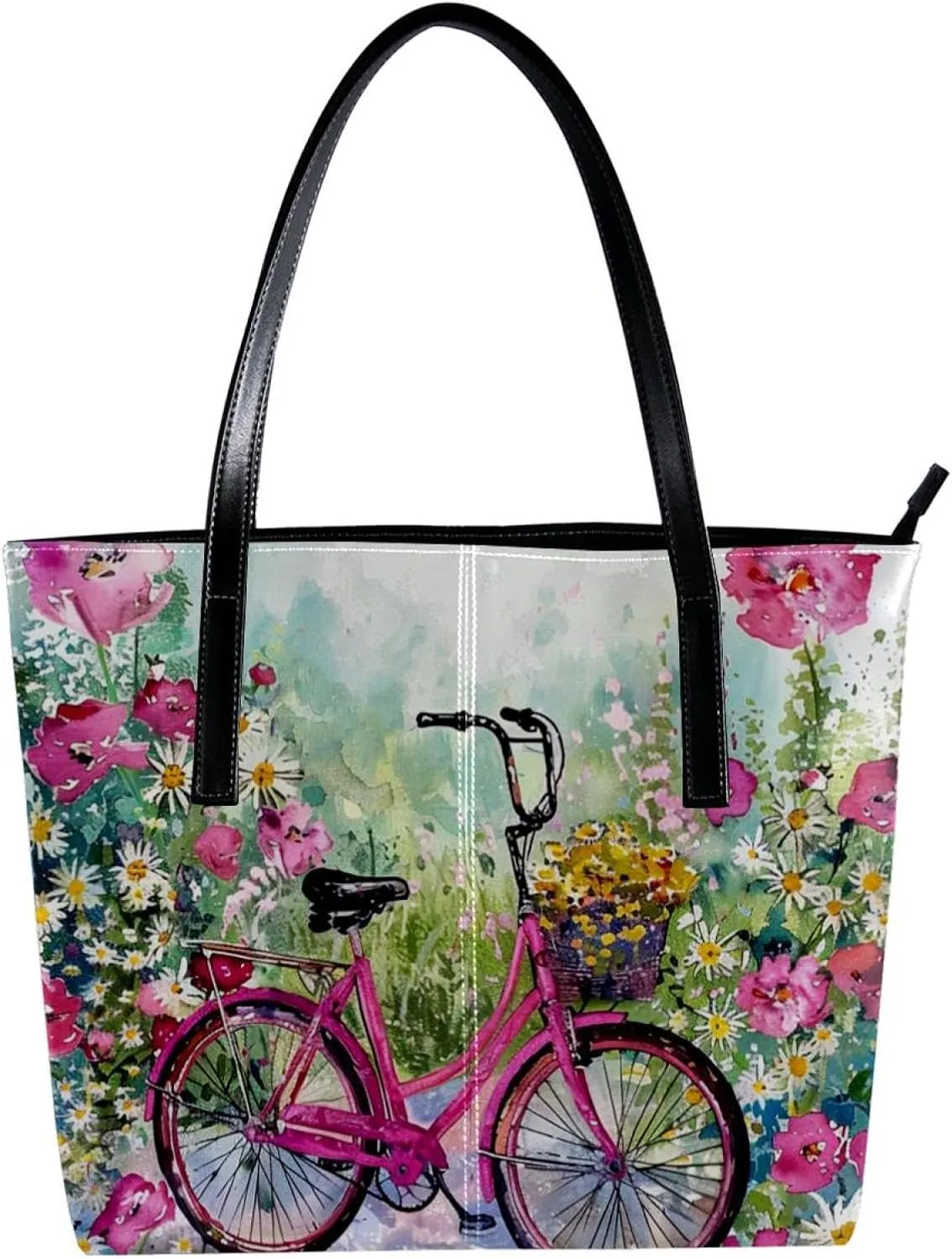 Tote Bag for Women, Large Tote Bag, Women's Tote Handbags, Hello Summer Pink Bike Flowers, Tote Bags for Women