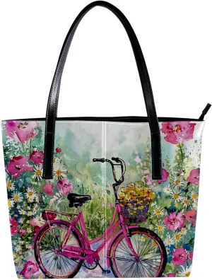 Tote Bag for Women, Large Tote Bag, Women's Tote Handbags, Hello Summer Pink Bike Flowers, Tote Bags for Women