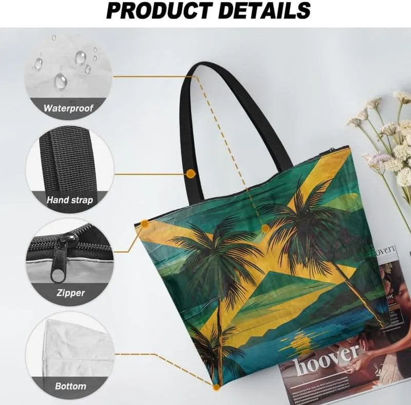 Tote Paper Bag USA Flag Shoulder Bag with Zippers, Jeans Pocket Puppy Large Shopping Beach Bags Handle Book Tote