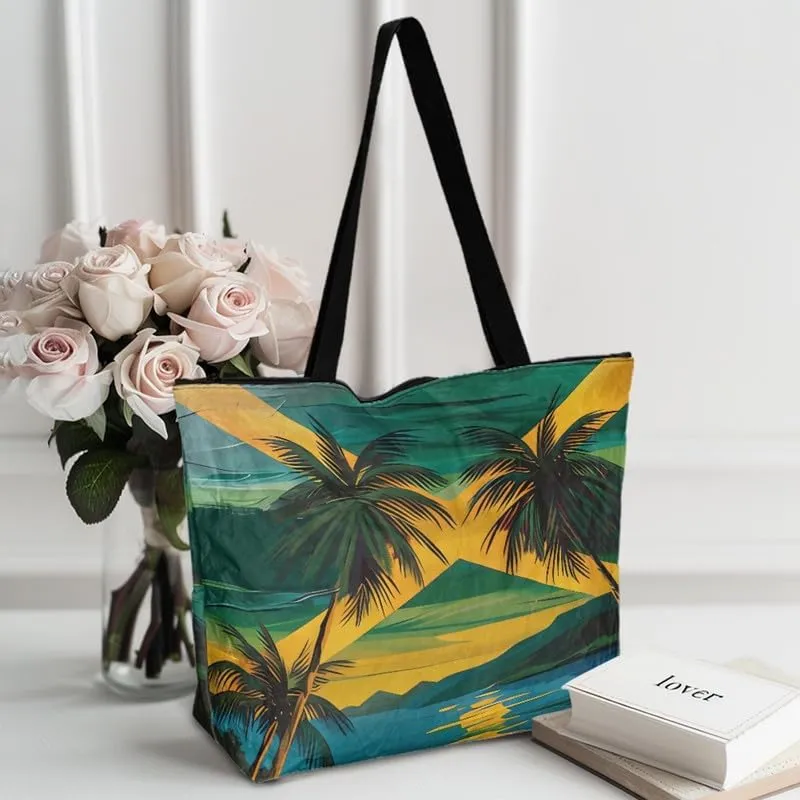 Tote Paper Bag USA Flag Shoulder Bag with Zippers, Jeans Pocket Puppy Large Shopping Beach Bags Handle Book Tote
