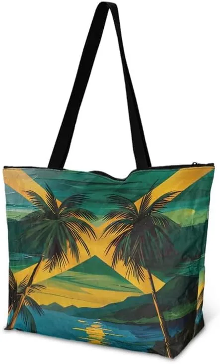 Tote Paper Bag USA Flag Shoulder Bag with Zippers, Jeans Pocket Puppy Large Shopping Beach Bags Handle Book Tote